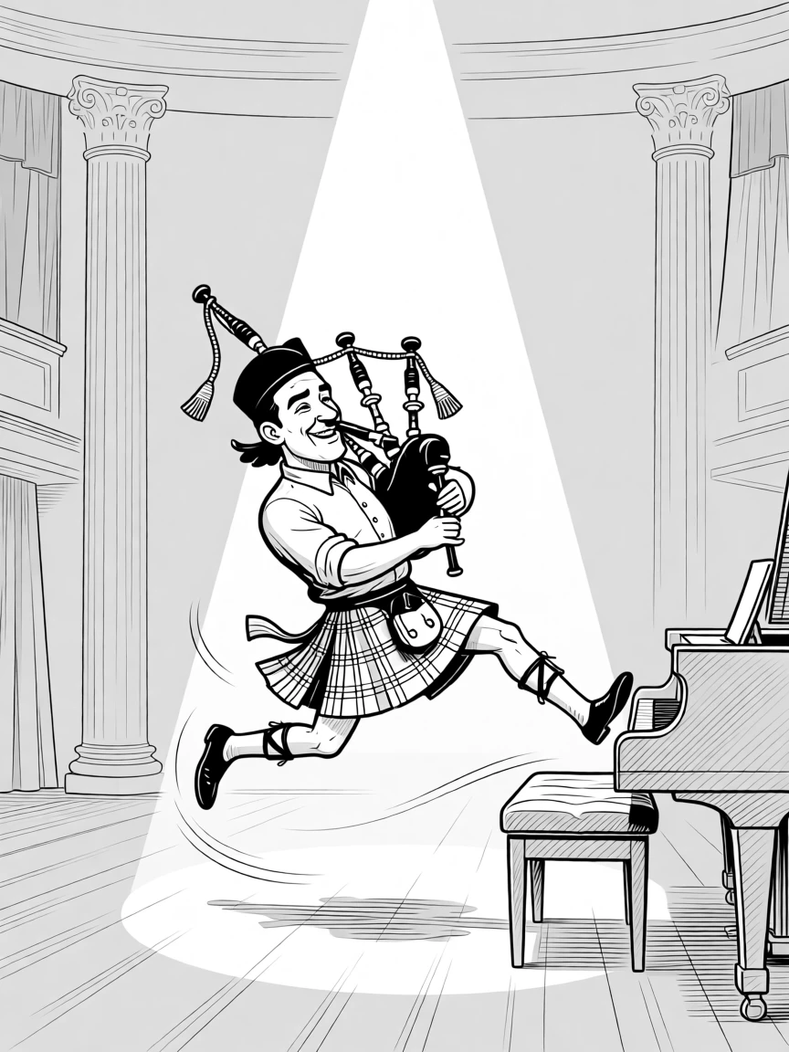 A bagpiper marching proudly despite a slightly off note, sliding backward off the piano bench in triumph, set on a grand concert hall stage. A single spotlight follows every twirl. The image feels like the exact instant a song becomes unforgettable.