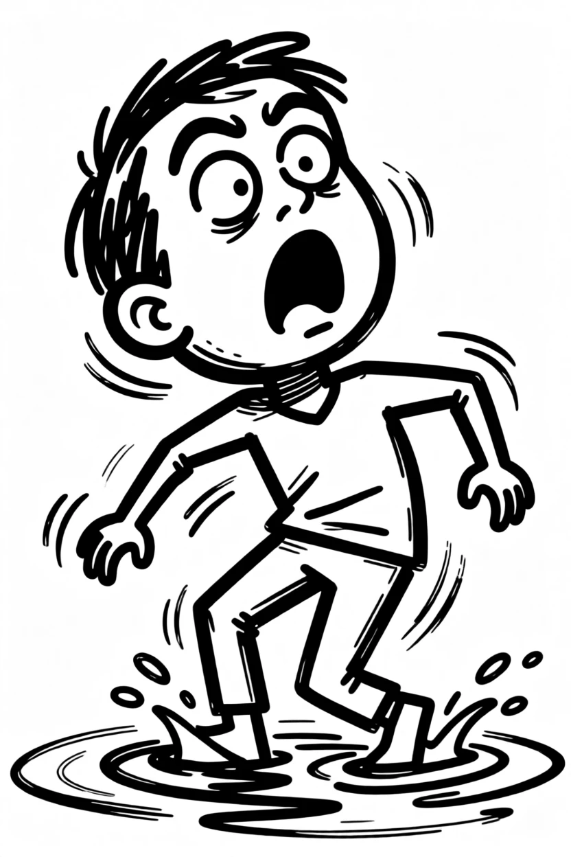 Someone doing a comically exaggerated shiver after stepping into freezing water.