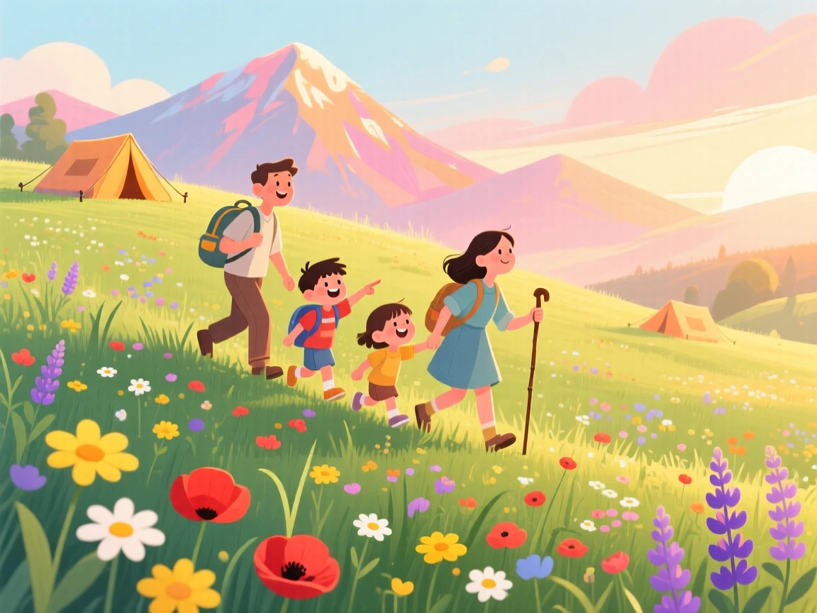 In a wildflower meadow, a family of campers is climbing to the top of a grassy hill for the view, with distant mountains glowing in the morning light.