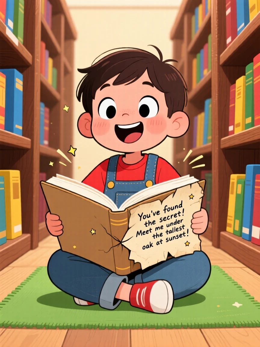 A child discovering a secret note tucked inside a library book.