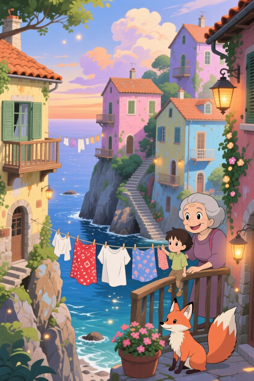 A scenic view of a coastal cliffside town with houses stacked above the water, with laundry strung between colorful buildings.