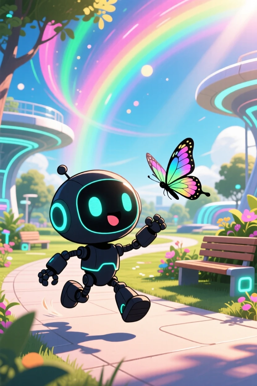 In a sunlit futuristic park, a tiny robot companion is beeping happily while chasing a butterfly beneath swirling aurora-lit skies, bathed in bright rainbow-tinted light, expression full of bubbly enthusiasm. Shot as a silhouette composition.