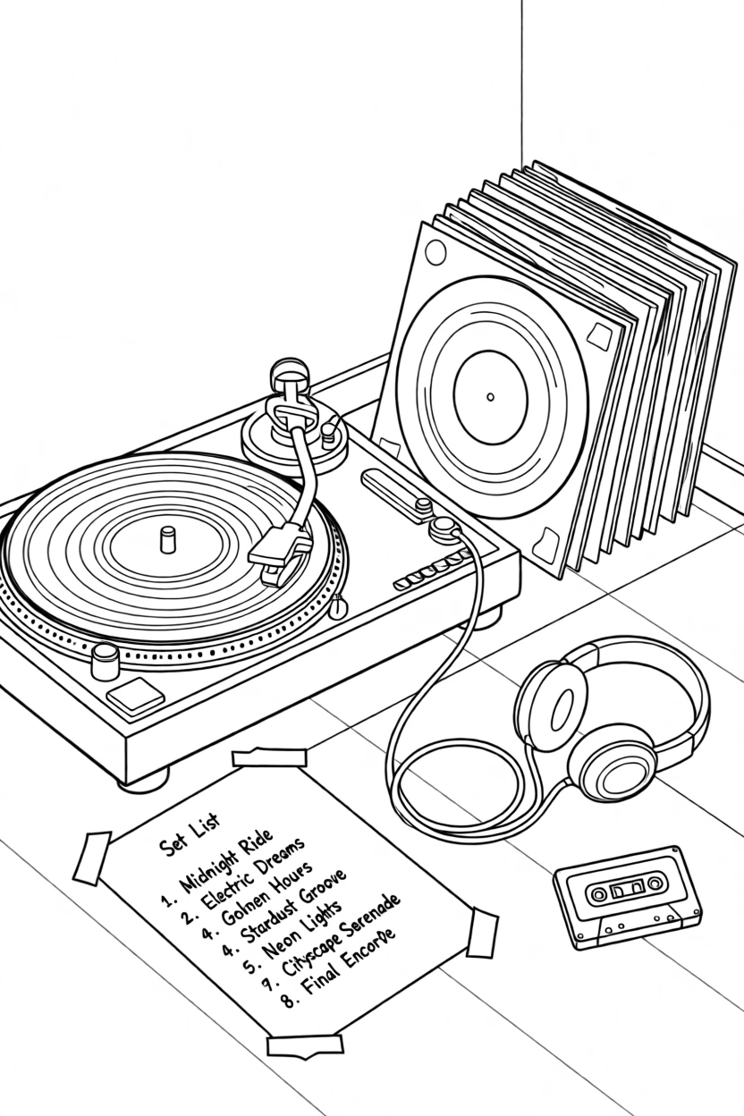 A stack of vinyl records beside a vintage turntable, with a set list taped to the floor nearby.
