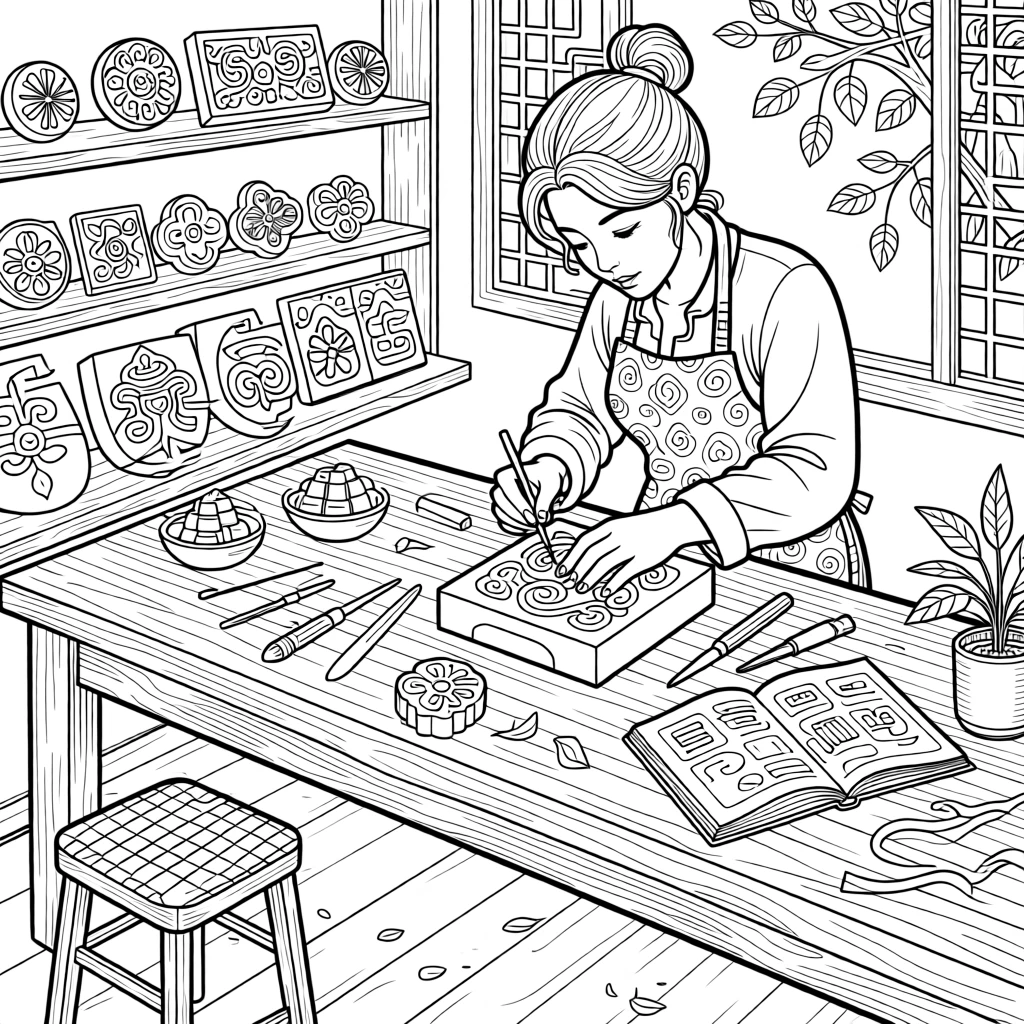 A mold-carving artisan scene for festival treats.