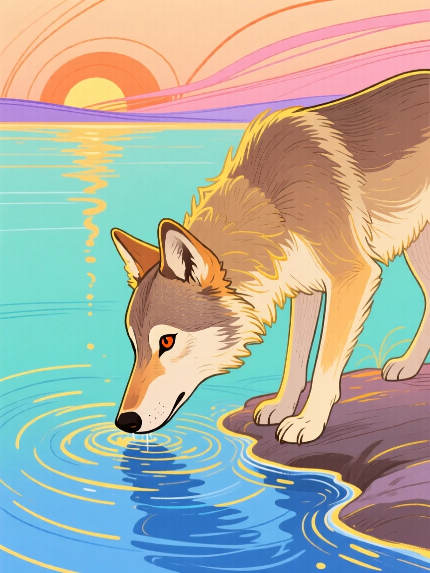 A young wolf drinking from a stream beside a still lake at sunset.