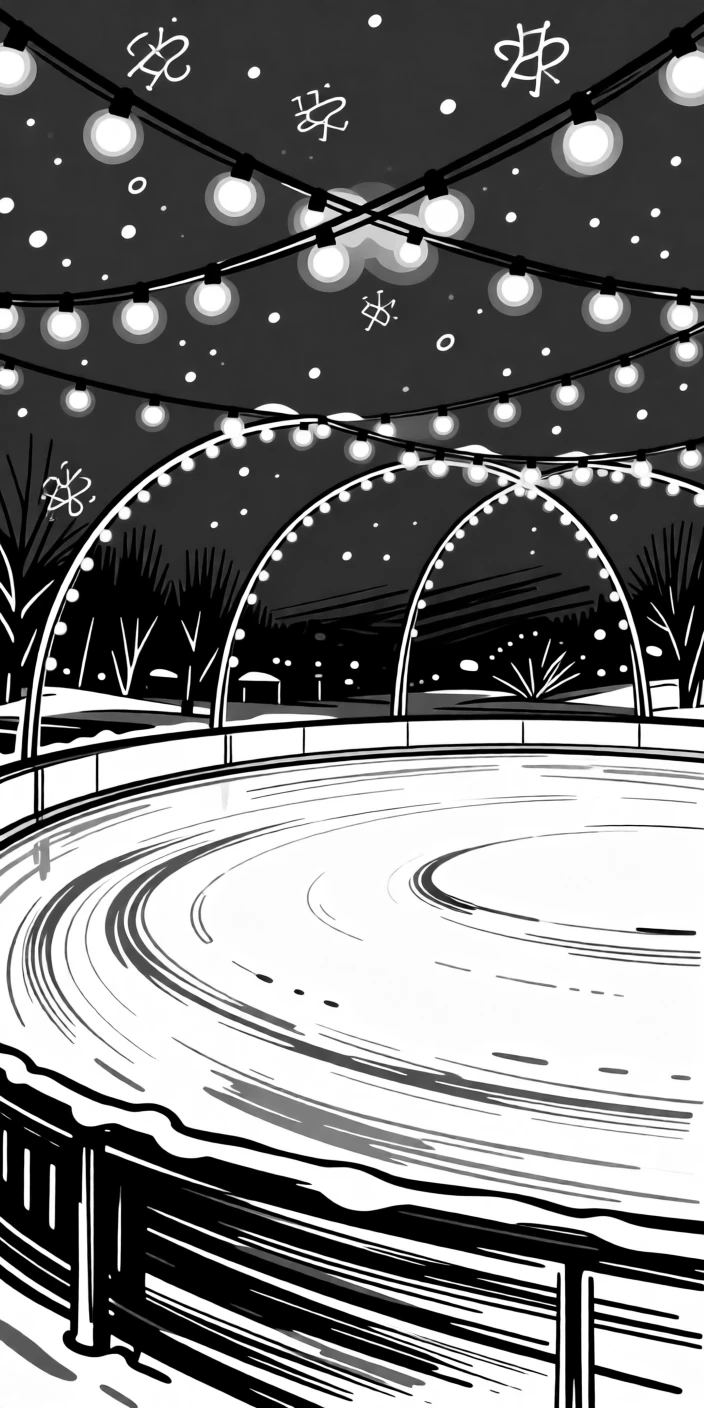 A winter ice skating rink glowing under strings of festive lights.