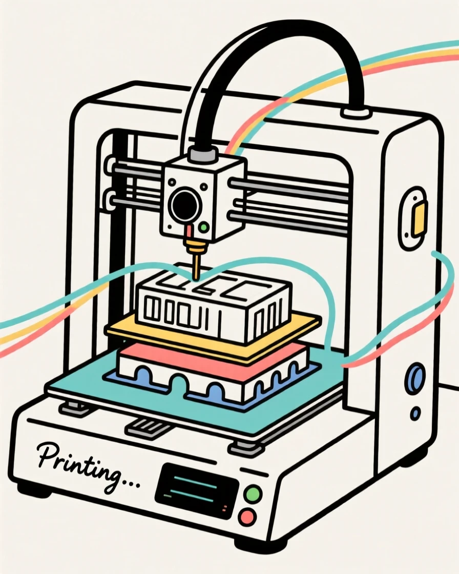 A 3D printer slowly building a detailed model layer by layer.