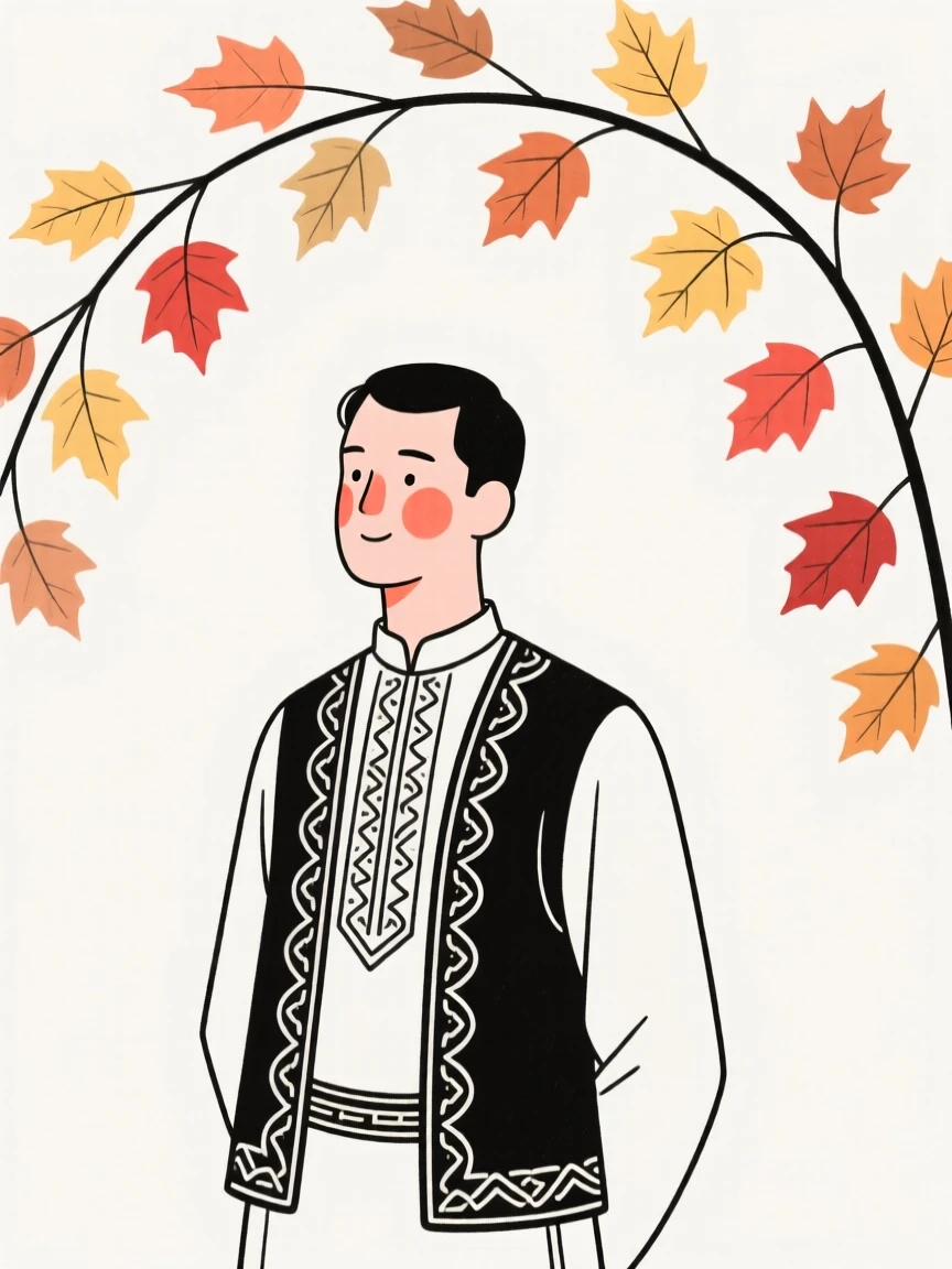 A groom wearing a Turkish embroidered vest, under a canopy of autumn leaves.
