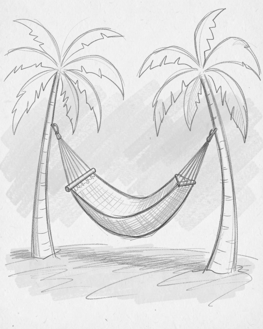 A hammock swaying gently between two palm trees, surrounded by soft golden light, conveying gentle strength and resilience.