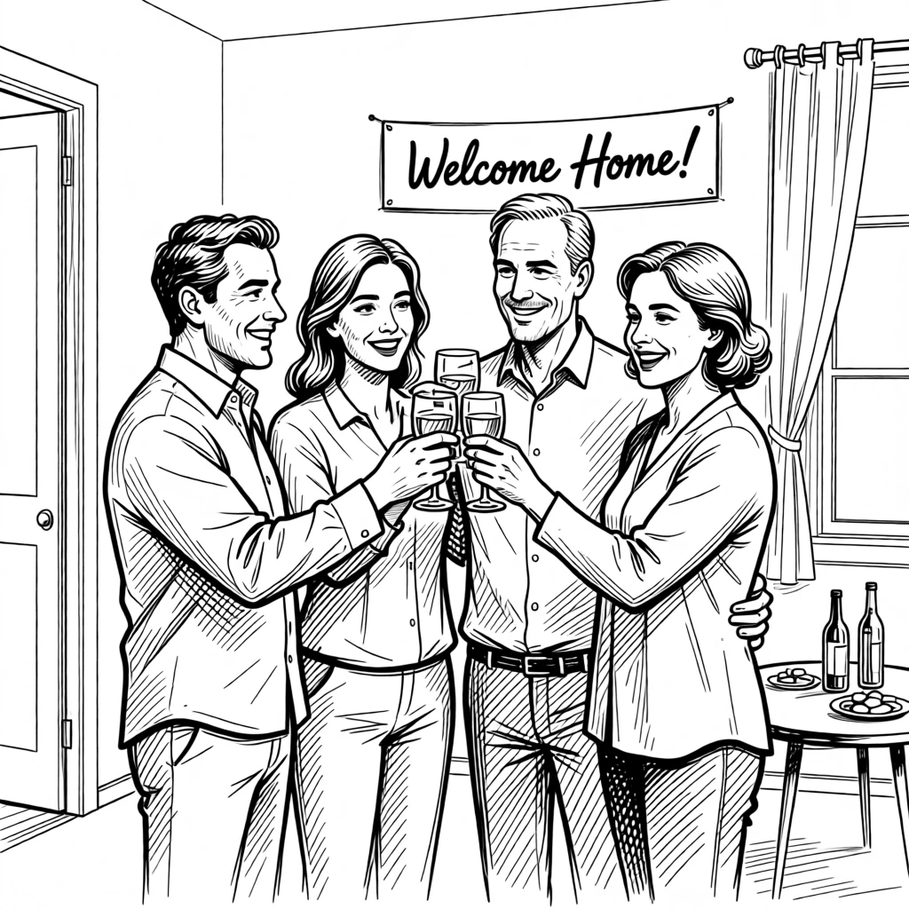 A joyful housewarming celebration with friends toasting in a new home.