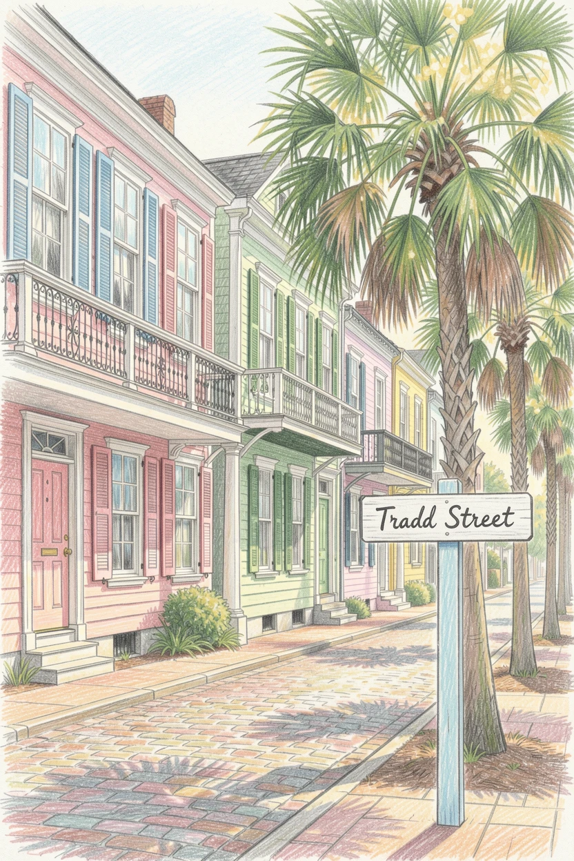 A Charleston street lined with pastel historic houses and palmettos, captured in a quiet, intimate moment full of atmosphere, designed to feel inviting, memorable, and shareable.