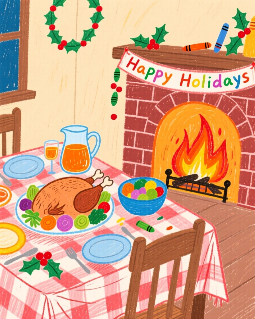 A table set for a festive dinner glowing softly beside a crackling fireplace.