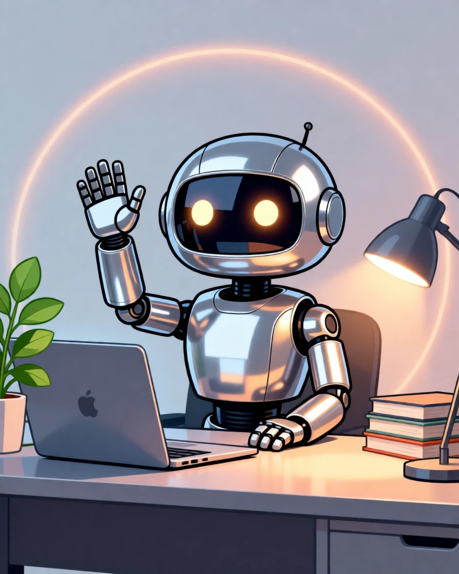 A small robot companion offering a friendly wave, set within a calm, organized workspace, framed with soft glowing light highlighting key details, with sleek metallic textures catching soft light.