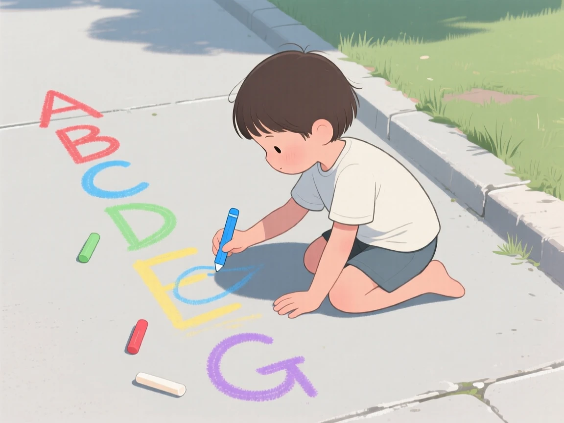 A child learning to write letters with colorful chalk on a sidewalk.