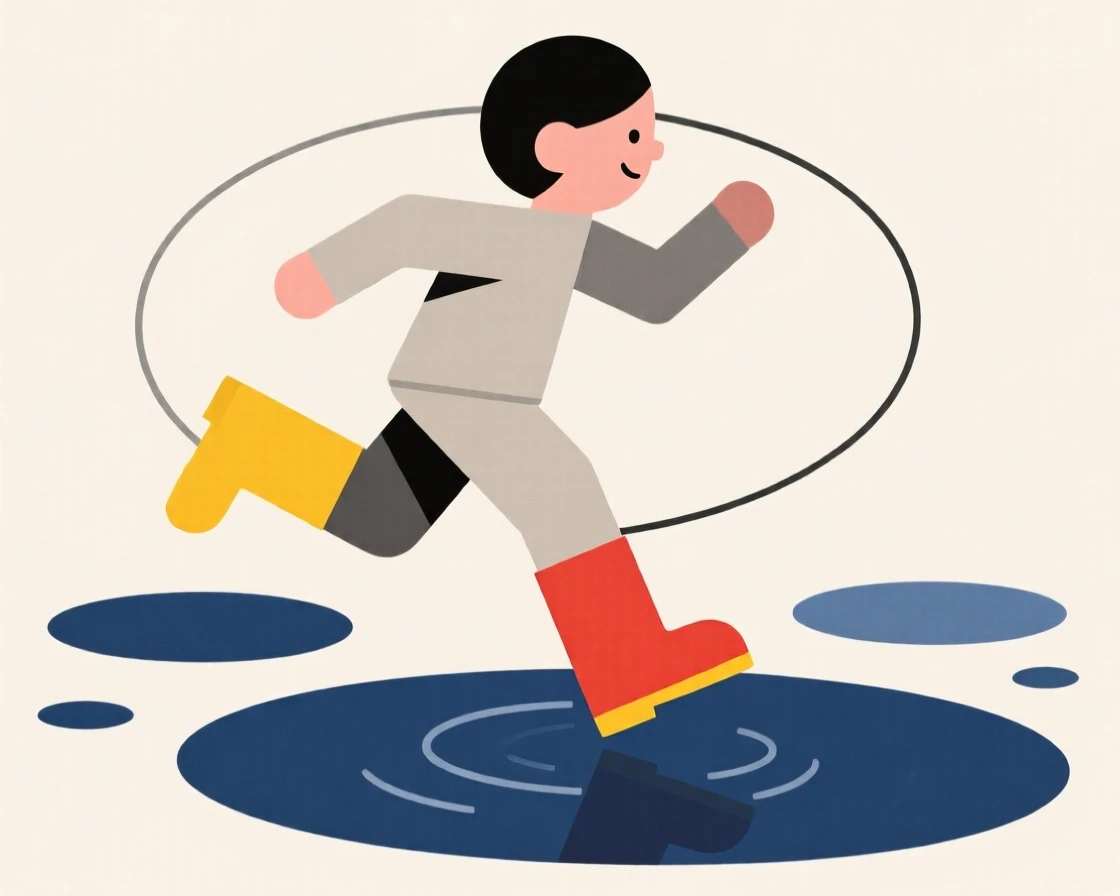 A child wearing rain boots jumping in puddles