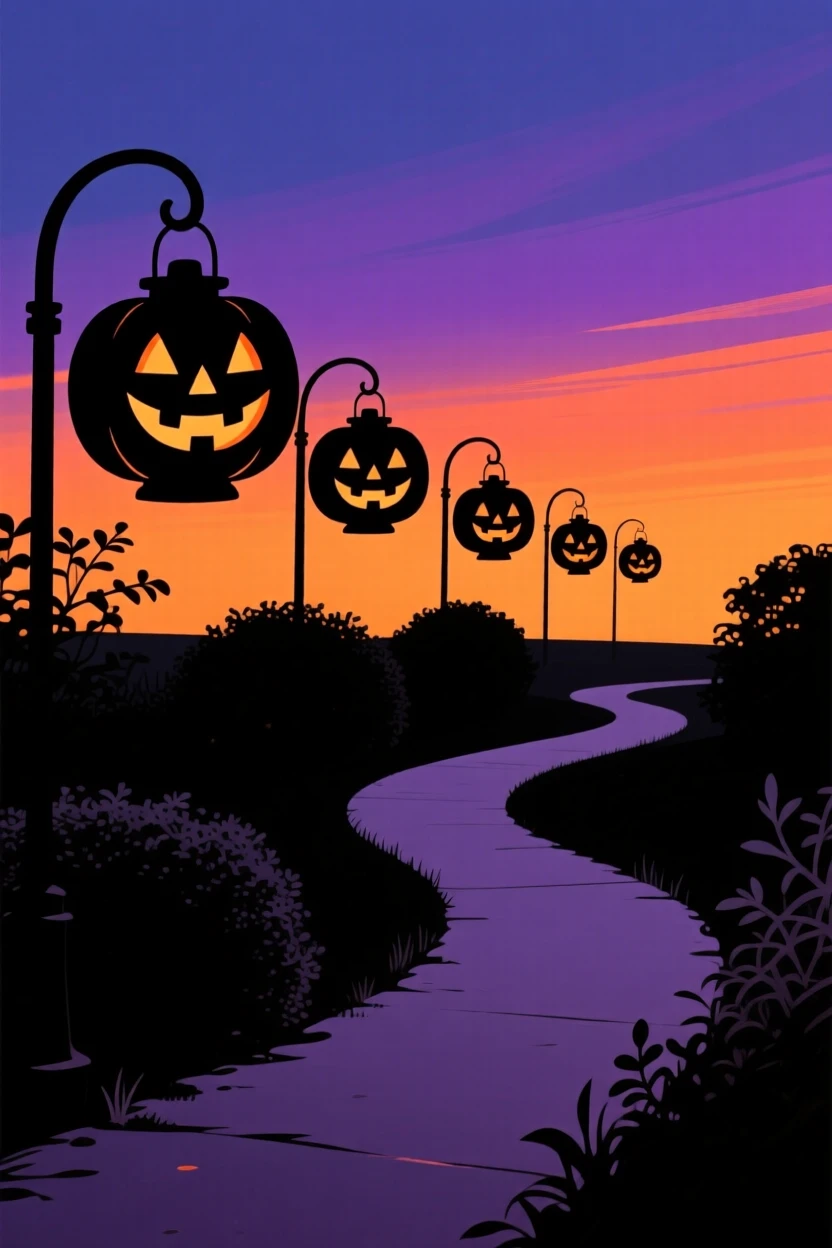 A row of Halloween lanterns lighting a winding garden path at dusk.