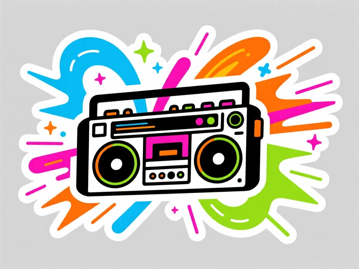 A wildly imaginative retro boombox blasting colorful sound waves, with motion lines emphasizing speed and power, in a world full of wonder and imagination.