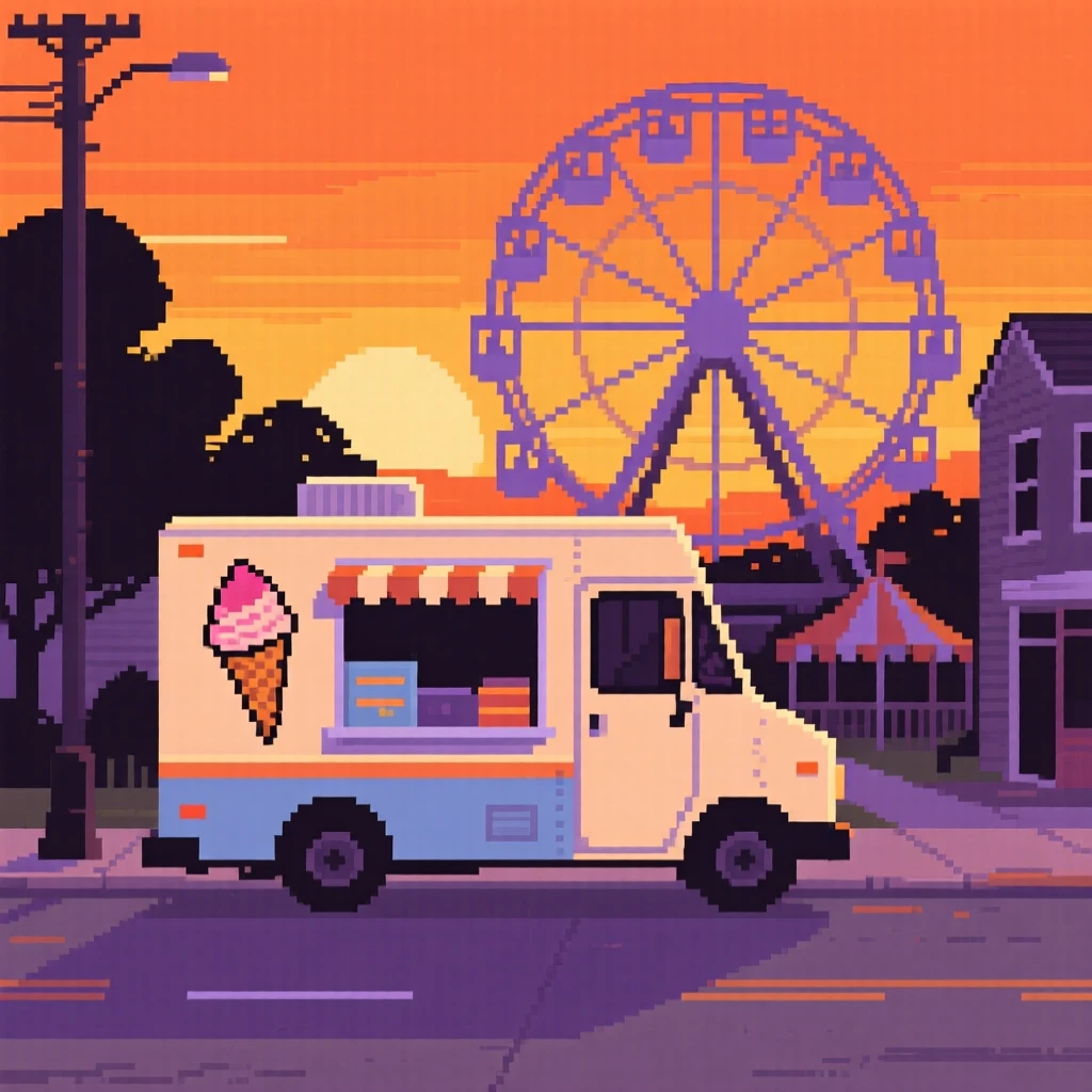 An ice cream truck parked on a quiet street framed by a glowing orange sunset, at a small-town fair with a ferris wheel.