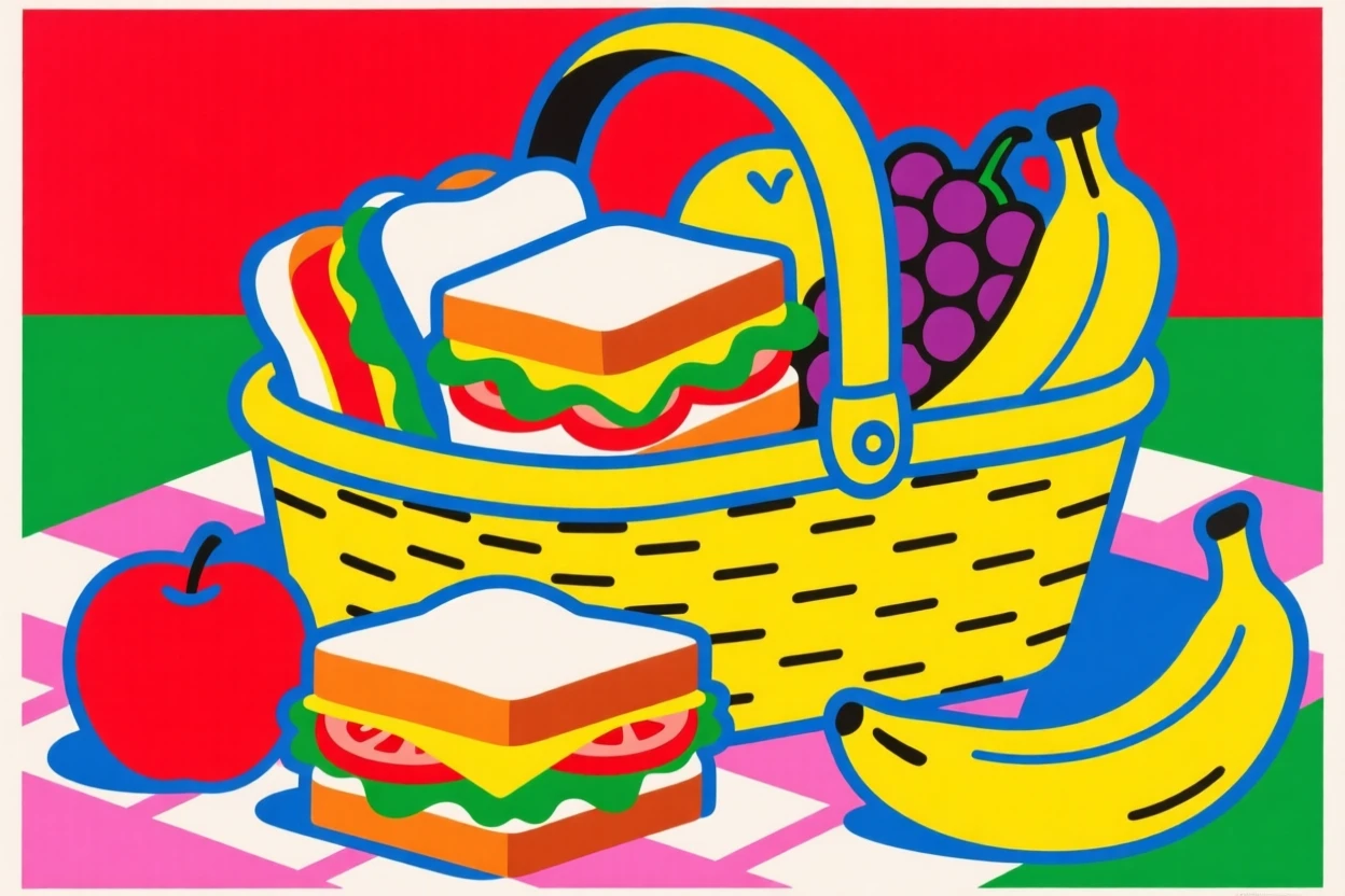 Weekend picnic basket packed with sandwiches and fruit