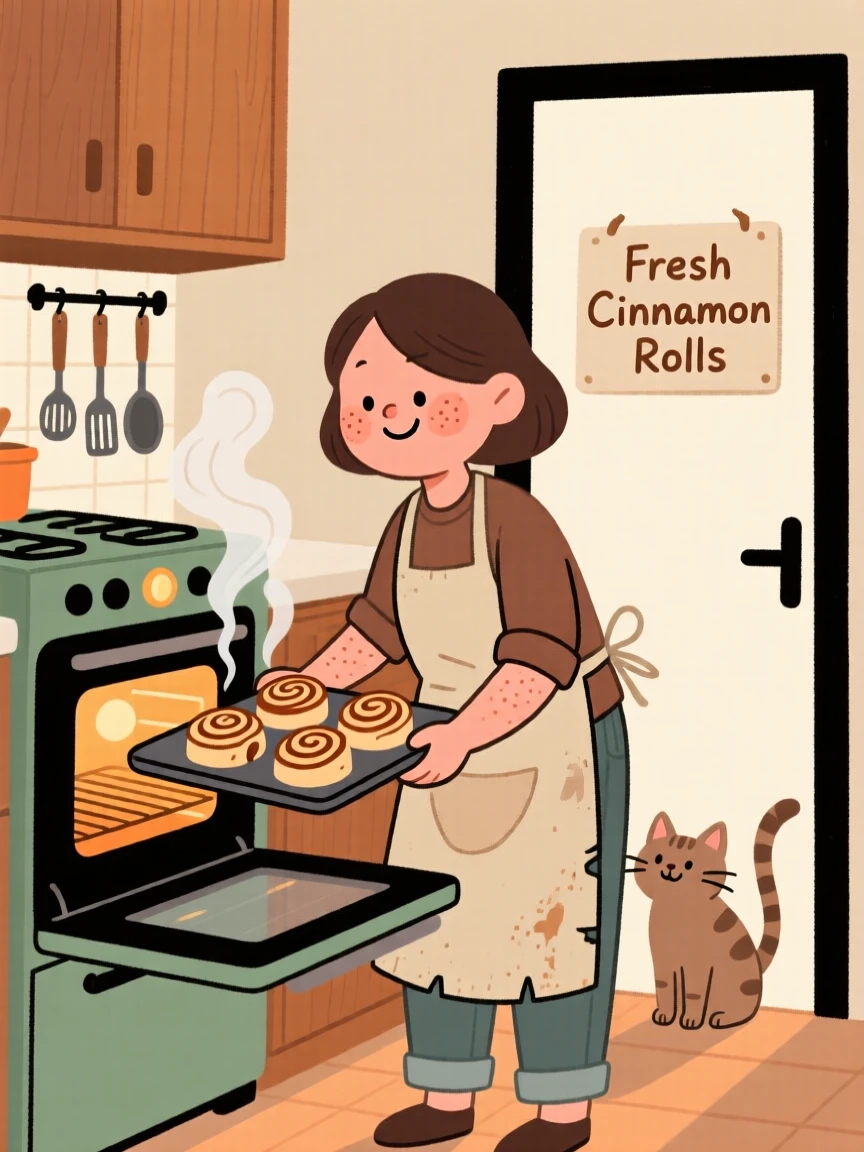 A home cook pulls a tray of cinnamon rolls from the oven in a cozy home kitchen, steam rising as a cat watches from the doorway.