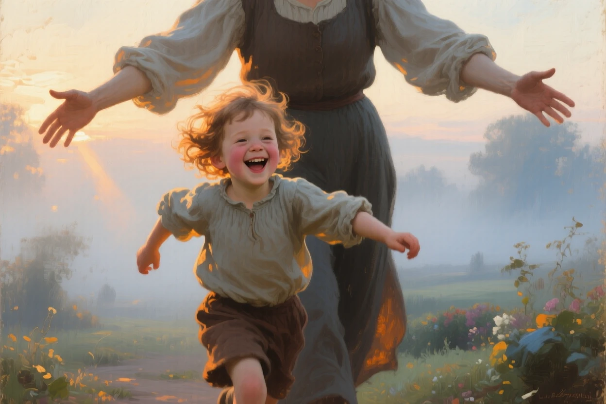 A close-up portrait of a child running joyfully into a parent's open arms, in late afternoon, in a light morning mist.