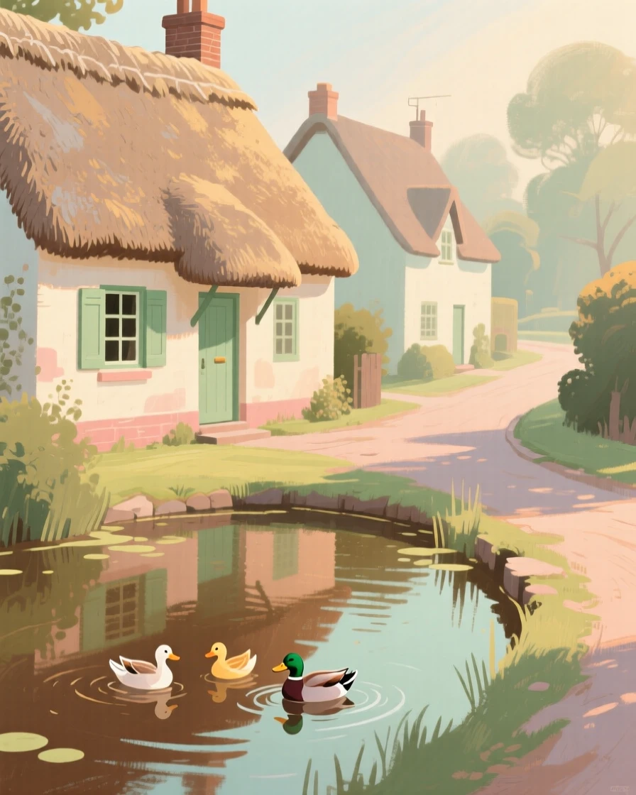 A quiet lane of thatched cottages beside a duck pond