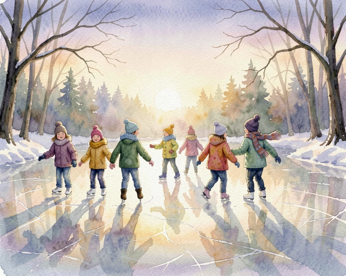 Children ice skating on a frozen pond as golden afternoon light glows around them.
