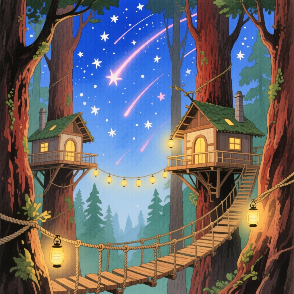 A treehouse village strung with lanterns nestles among towering redwoods beneath a sky full of shooting stars