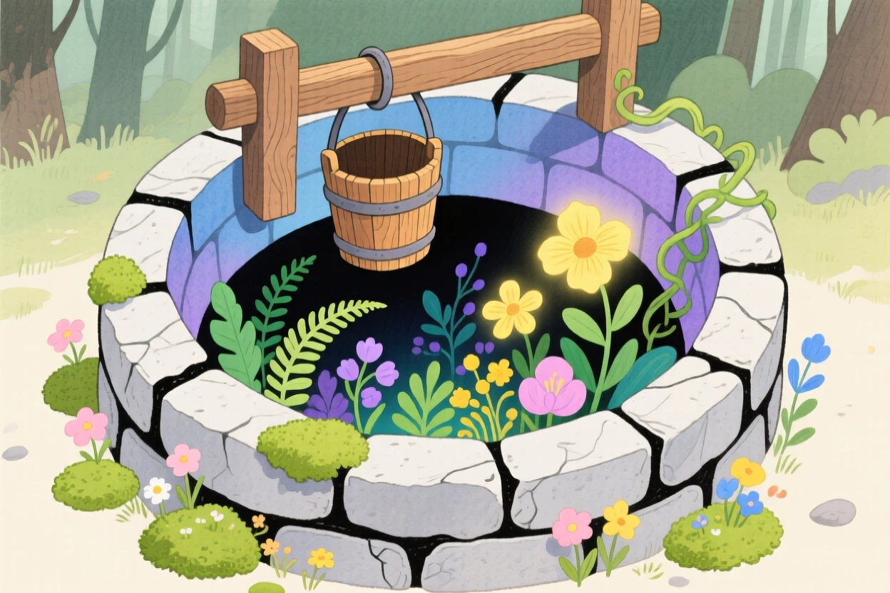 An old stone well leading to a hidden underground garden, mysterious and inviting.