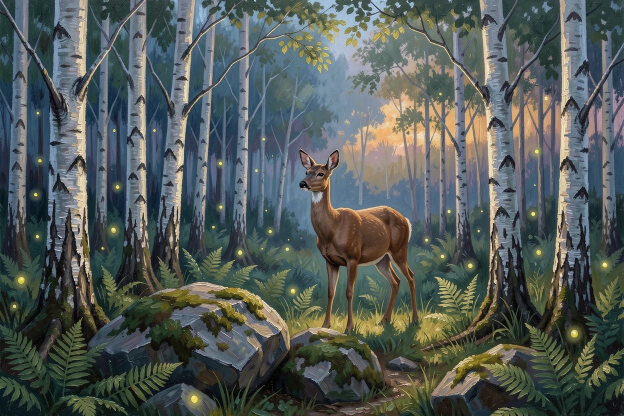 At dusk, fireflies beginning to glow among the ferns, a sun-dappled birch grove, beside a cluster of moss-covered boulders, a deer stepping quietly between the trees.