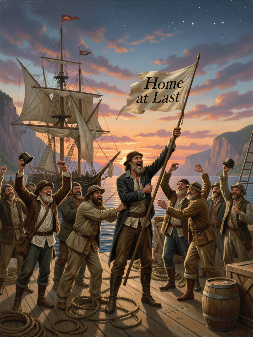Sailors celebrate their safe return as their ship docks at sunset.