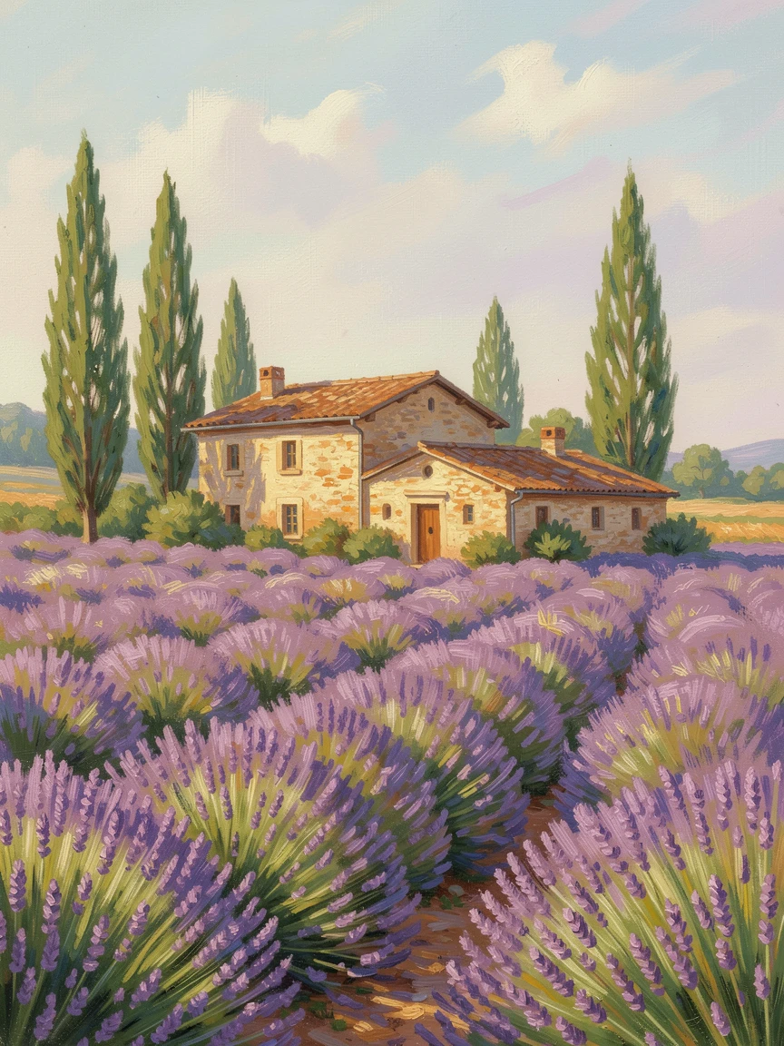 A field of lavender in Provence with a rustic stone farmhouse and cypress trees under a hazy summer sky, in the lush green of midsummer, capturing a moment of quiet intimacy.