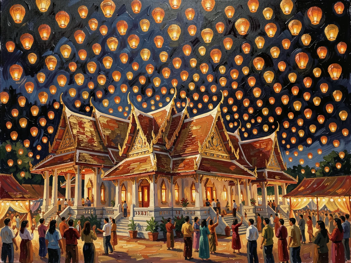 A colorful Thai Yi Peng festival shows thousands of illuminated lanterns released simultaneously over a temple, filling the night sky with warm light, the scene capturing a fleeting, candid moment within a larger ongoing celebration.