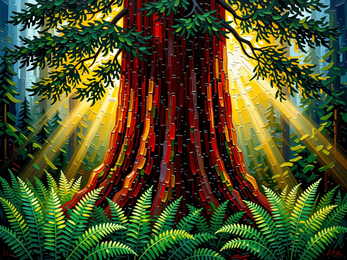 A single massive redwood tree towering above a fern-covered forest floor, sunbeams piercing the canopy