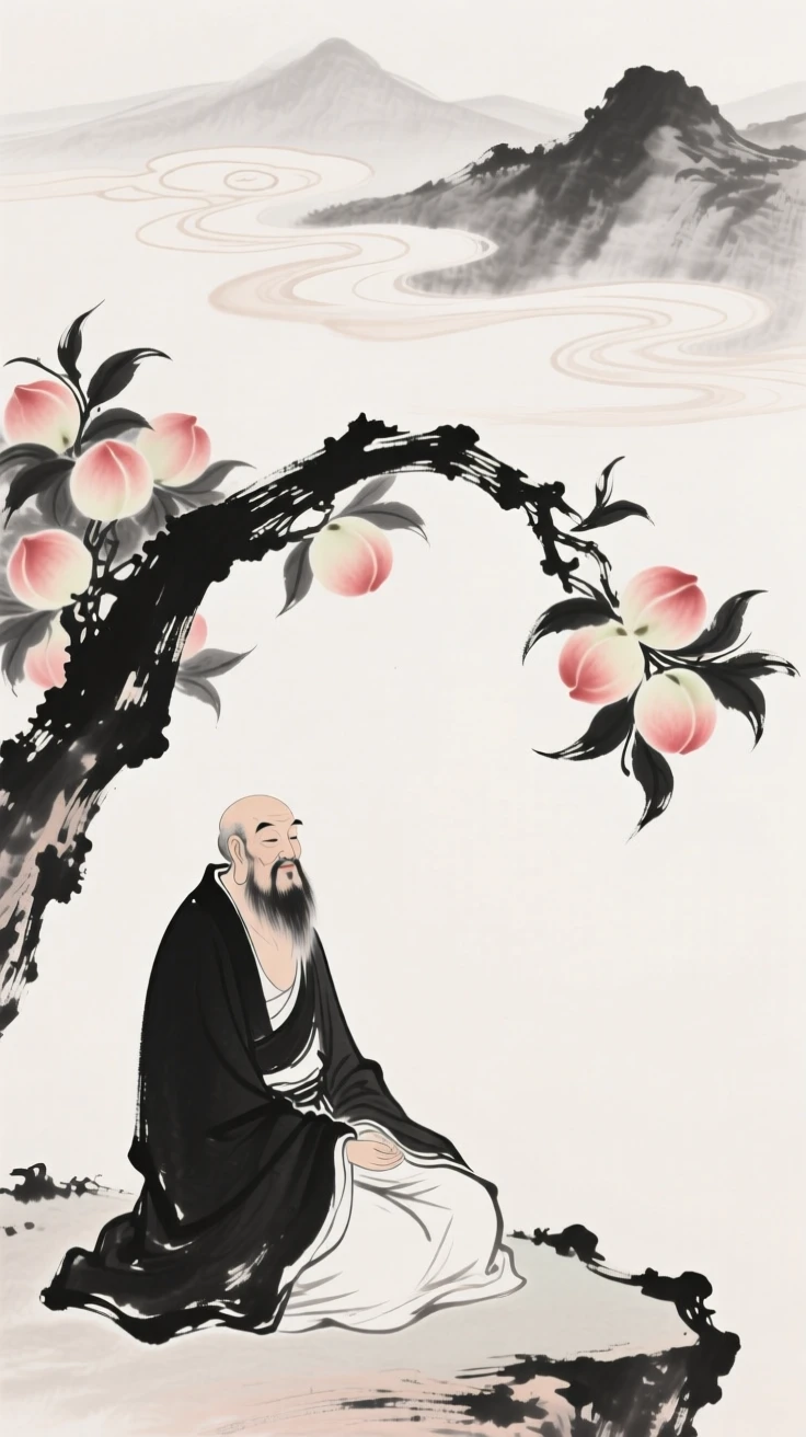 A wise deity sits beneath a peach tree heavy with fruit, as clouds part gently to reveal the mountains far below.
