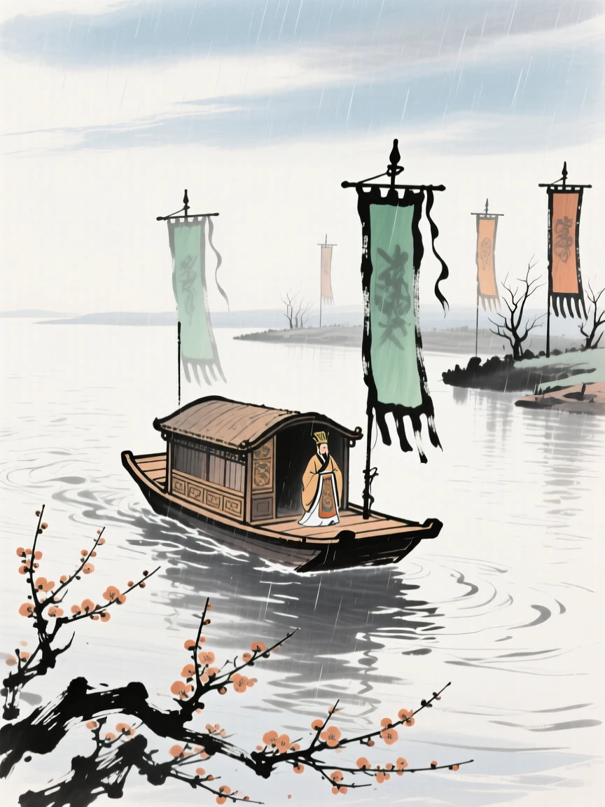 An emperor's barge gliding slowly down a wide river flanked by banners, beneath a sky washed clean by rain, evoking a sense of quiet solitude, as the last plum blossoms cling to bare branches.