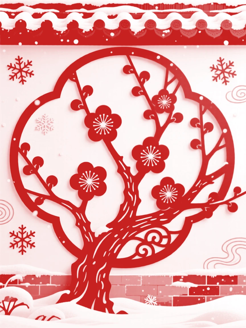 A winter plum tree blooming defiantly against a snow-covered courtyard wall
