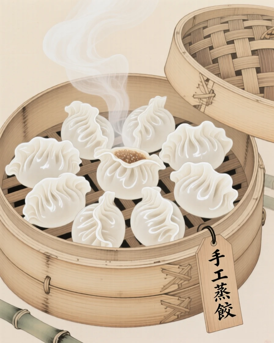 A bamboo steamer basket filled with dumplings