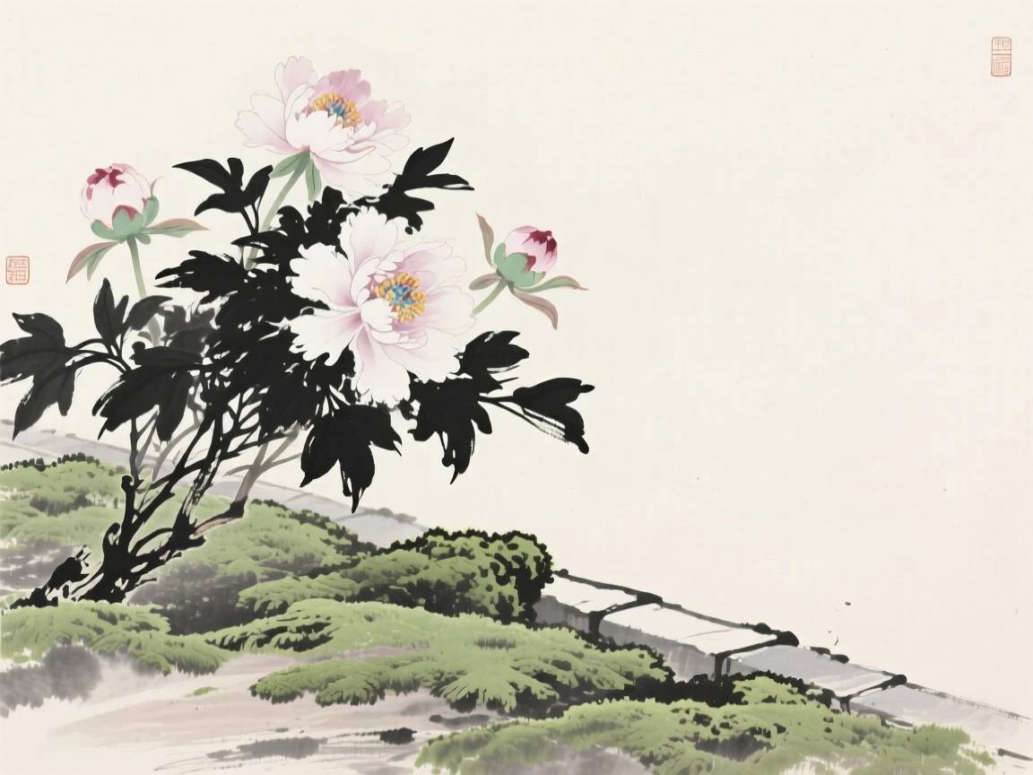 A cluster of peonies in full bloom at the edge of a moss-covered courtyard, composed with generous open space around it, conveying gentle stillness and natural harmony.