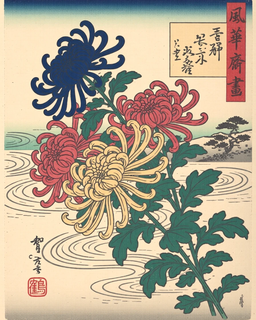 A bouquet of chrysanthemums shaped into an elegant windswept form.