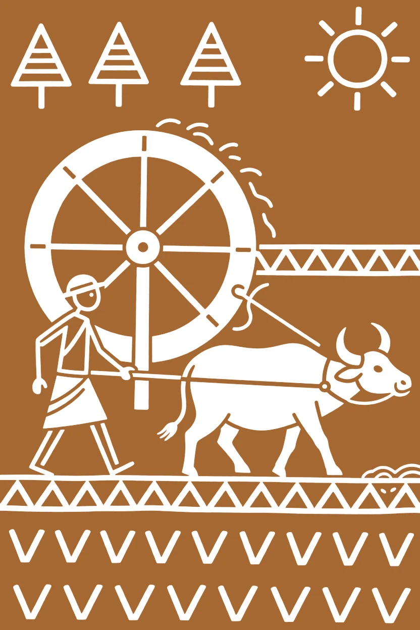 A farmer and his oxen irrigating a field using a hand-drawn water wheel.