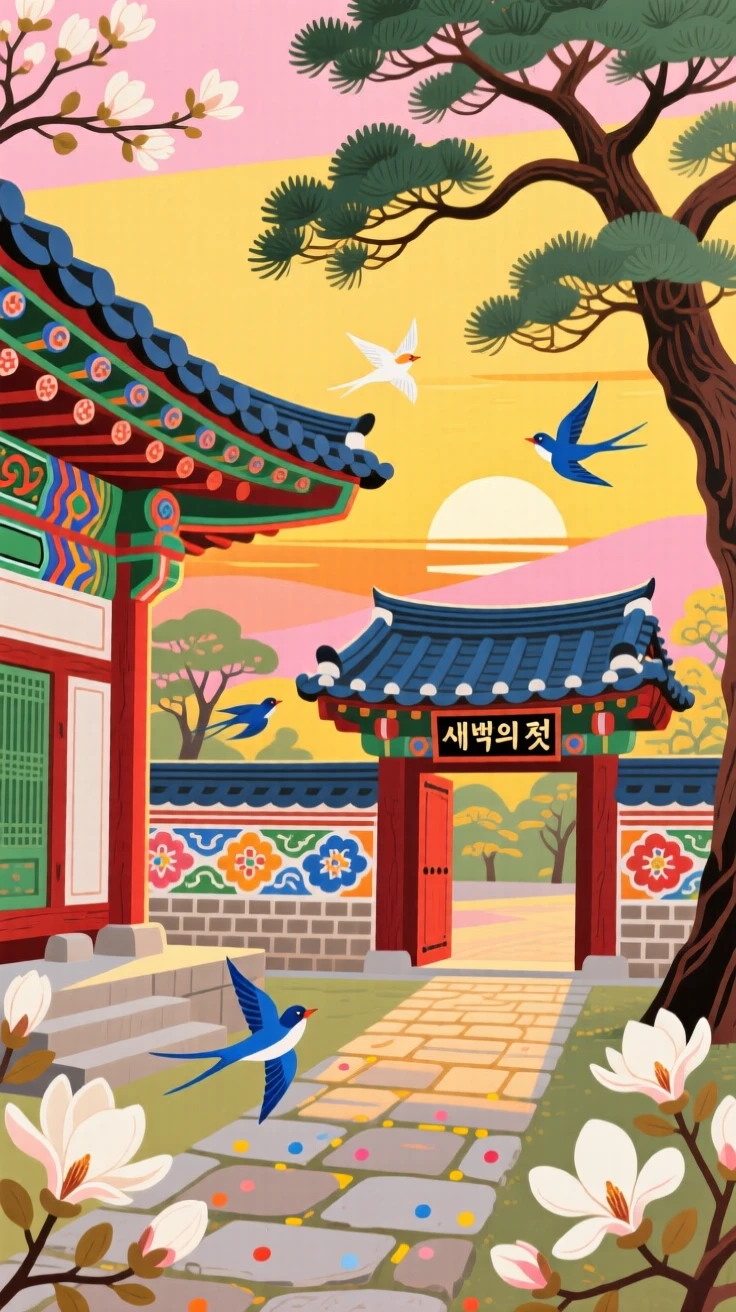 A view of a temple courtyard as golden light spreads across the sky at dawn.