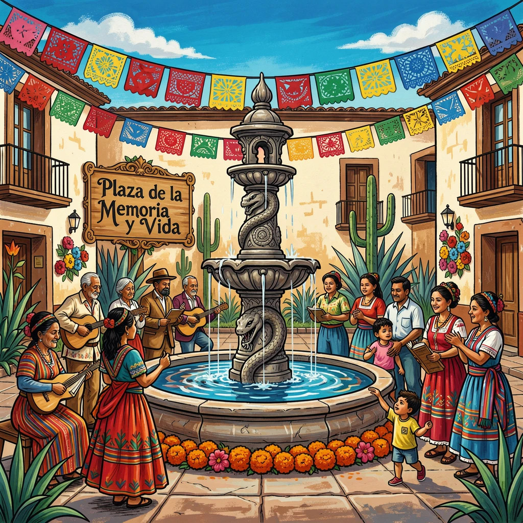 A quiet plaza with a historic fountain at its center