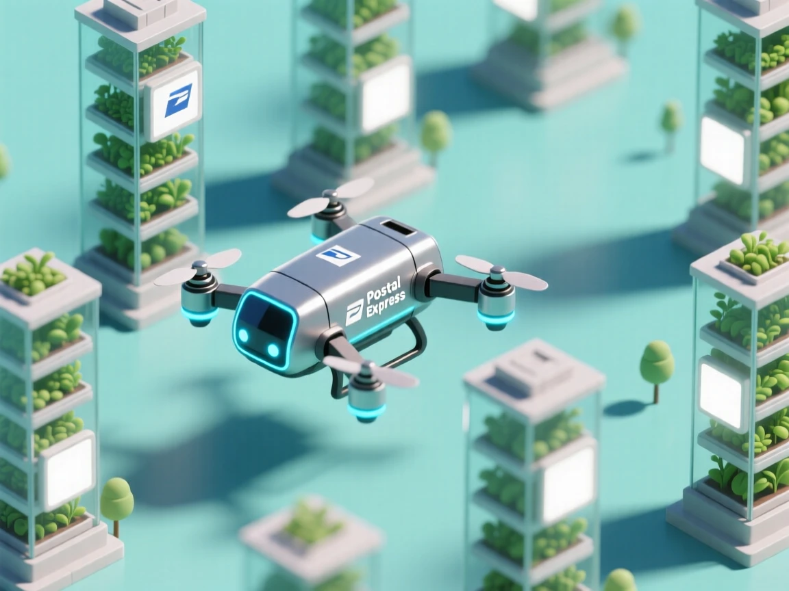 A robotic postal drone navigating between towering vertical farms in a lush futuristic megacity.