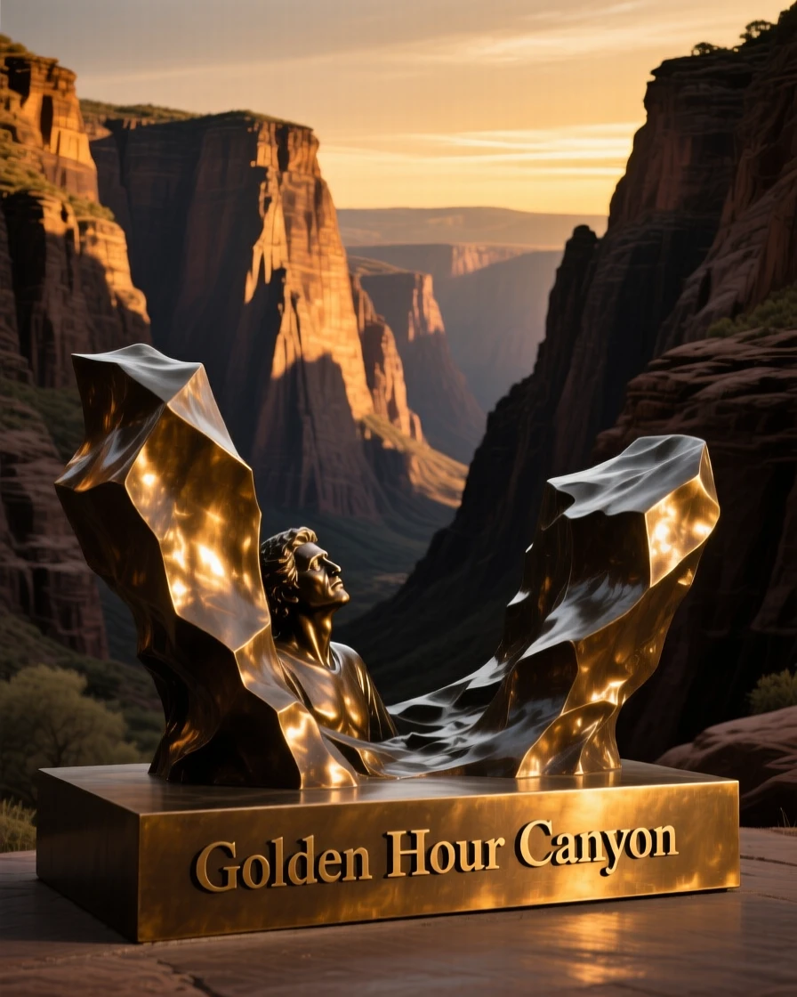 A dramatic canyon at golden hour with deep shadows, rendered in vivid, atmospheric detail, offering a breathtaking sense of place