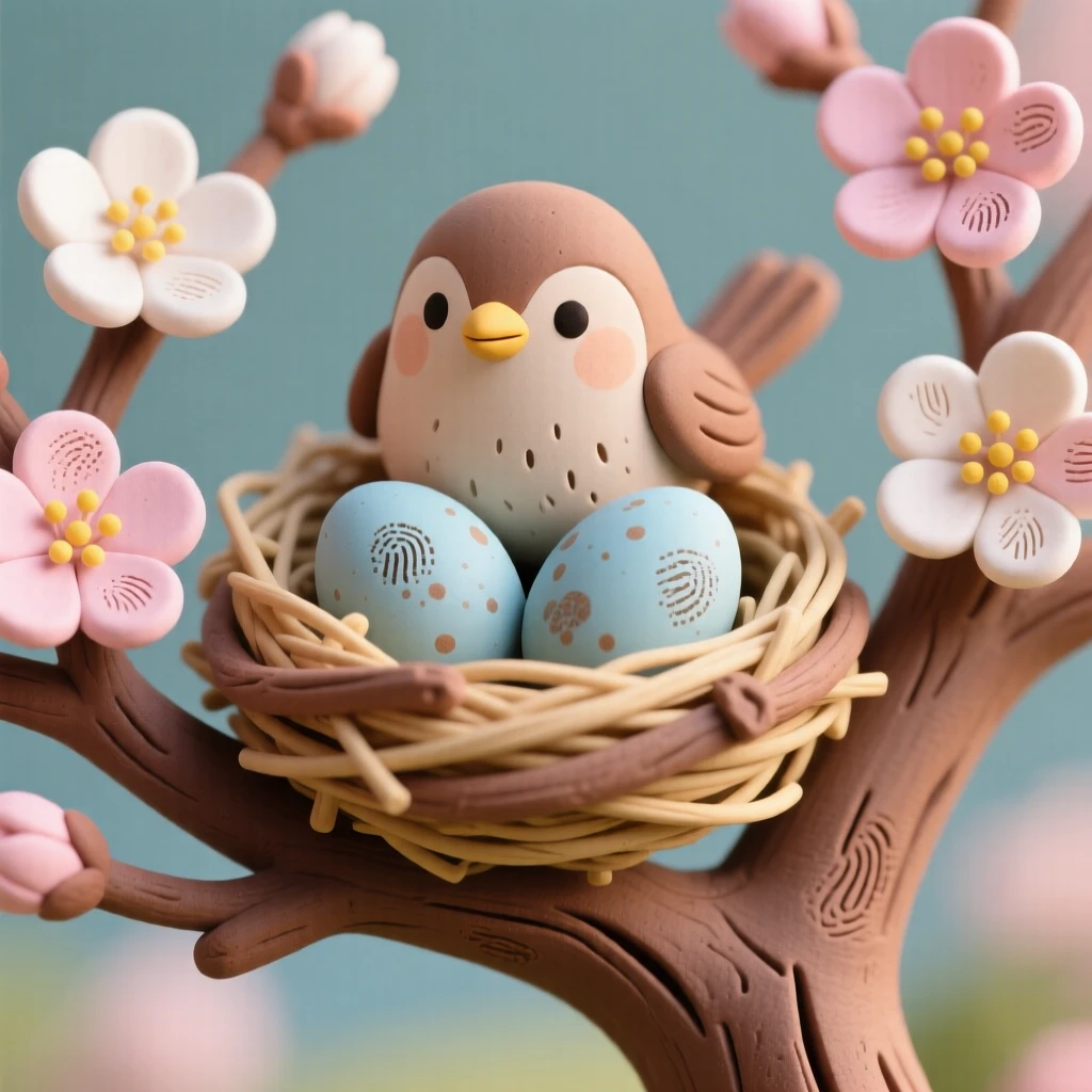 A springtime nest of robin's eggs cradled in a blossoming branch