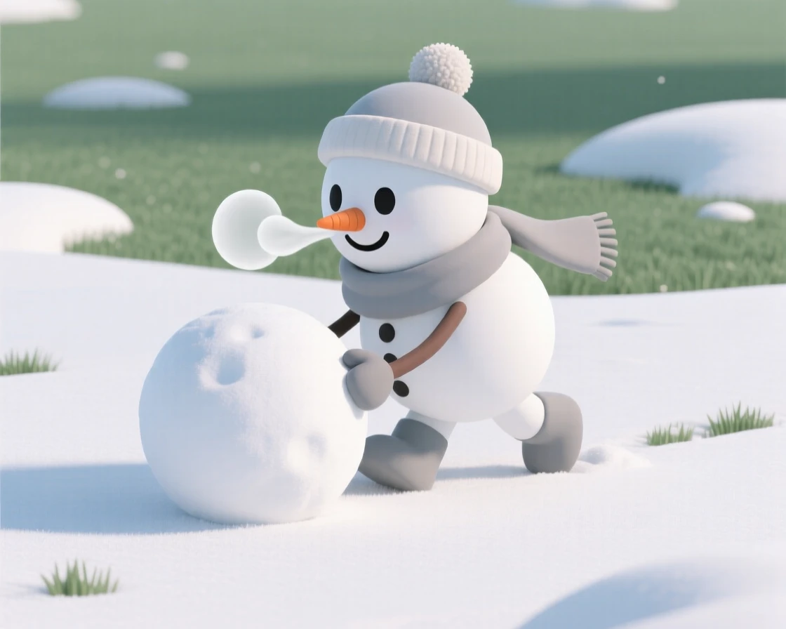 A determined snowman builder rolls an enormous snowball across a fresh white lawn, breath visible in the cold.