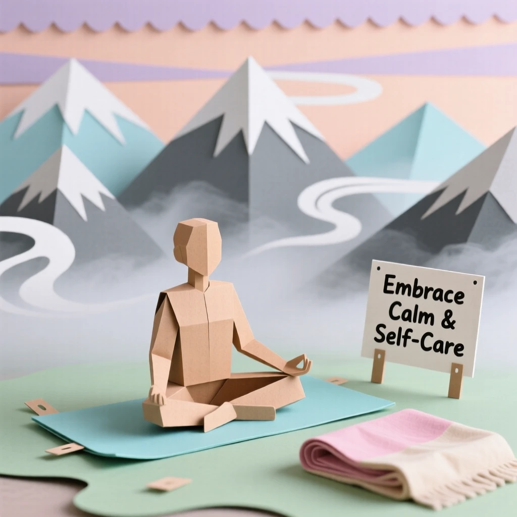 A peaceful morning yoga session set against a backdrop of misty mountains, with a soft blanket draped nearby, conveying gentle self-care and calm.