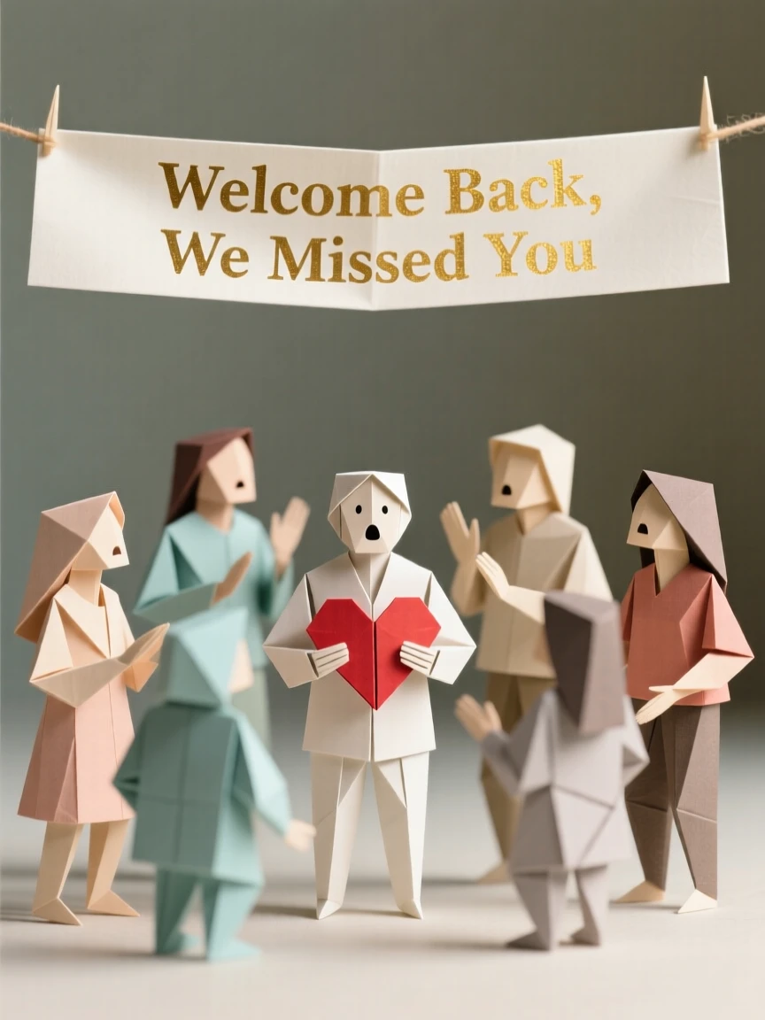 A group of friends surprising a loved one with a heartfelt gathering after tough times.