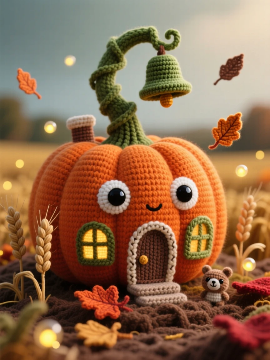a tiny school built inside a giant pumpkin, with a curling vine bell tower, is shown nestled at the edge of a harvest field, surrounded by softly glowing fireflies, surrounded by a soft breeze carrying tiny leaves, radiating a dreamlike, storybook charm.